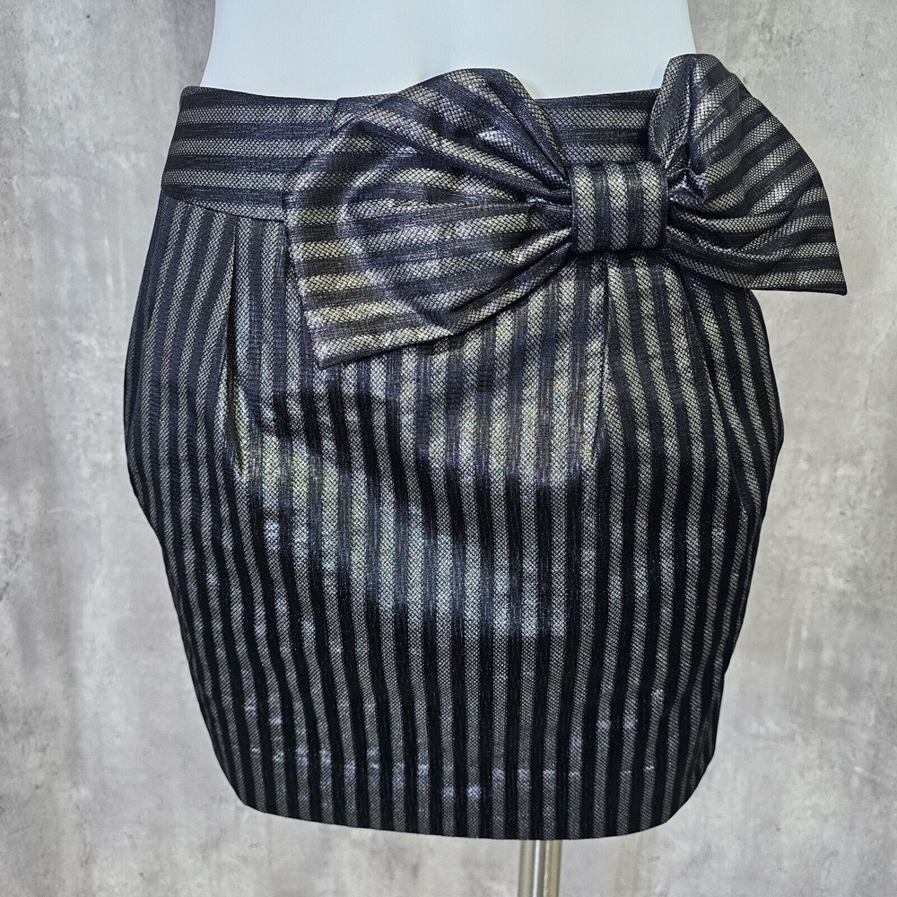 Armani Exchange Womens 2 Grey Metallic Black Striped Bow Mini Skirt Cocktail - Picture 2 of 7